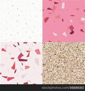 Orange, brown and pink terrazzo seamless pattern in modern style background. Flooring venetian wall.  Abstract stone  print. Vector surface texture of granite, concrete, mosaic tile, pebbles, quartz shape. 