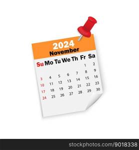 Orange calendar 2024 November on pin. Vector illustration. EPS 10.. Orange calendar 2024 November on pin. Vector illustration.