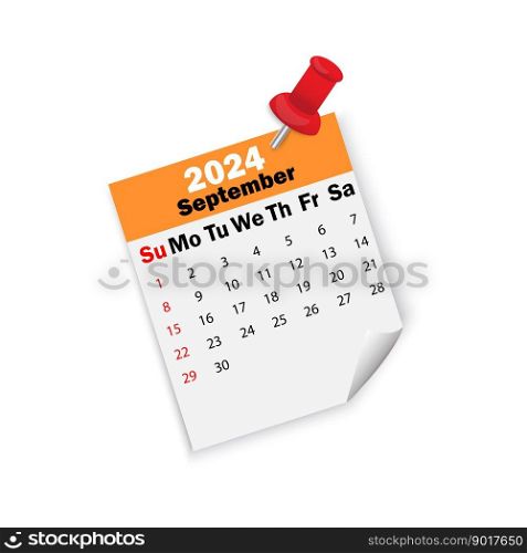 Orange calendar 2024 September on pin. Vector illustration. EPS 10.. Orange calendar 2024 September on pin. Vector illustration.