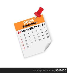 Orange calendar 2024 September on pin. Vector illustration. EPS 10.. Orange calendar 2024 September on pin. Vector illustration.