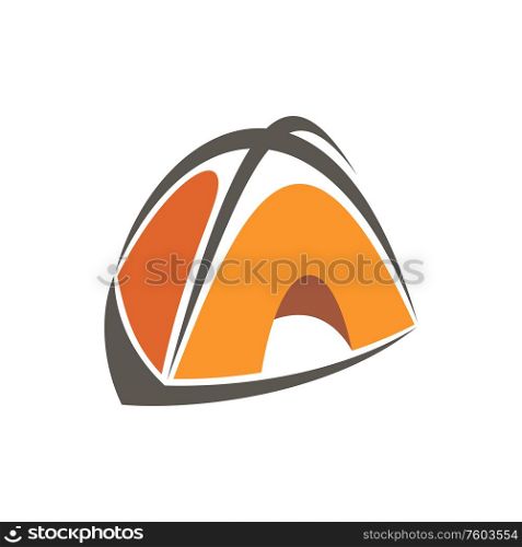 Orange camp tent of dome shape isolated icon. Vector temporary home of scouts, hiking and climbing tourists. Dome shape tourists tent isolated