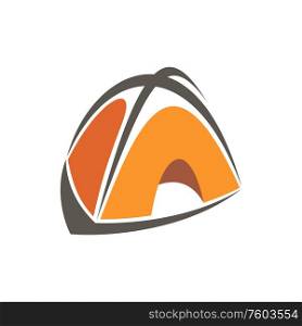 Orange camp tent of dome shape isolated icon. Vector temporary home of scouts, hiking and climbing tourists. Dome shape tourists tent isolated