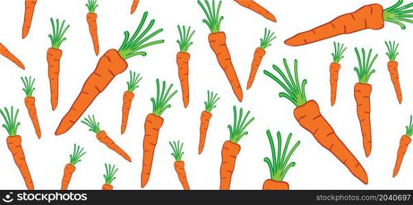 Orange carrot silhouette banner background. Fresh Carrots with halm and leaves. Cartoon drawing vegetable food, vegetarian seamless pattern. Carrot icon or pictogram.