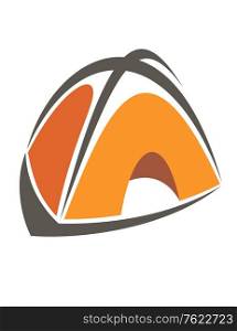 Orange cartoon illustration of a tent for camping and exploring with an open flap in the front on a white background