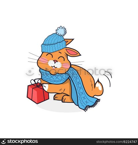 Orange cat in blue hat isolated design flat. Kitten animal cartoon cute pet funny, head cat drawing, image mascot, domestic colorful cat with gift box, wildlife mammal, breed comic vector illustration