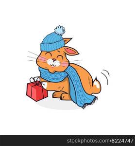 Orange cat in blue hat isolated design flat. Kitten animal cartoon cute pet funny, head cat drawing, image mascot, domestic colorful cat with gift box, wildlife mammal, breed comic vector illustration