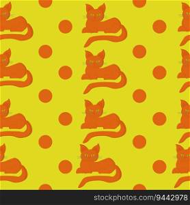Orange cats and dots seamless pattern, bright cats and dots in vertical rows on a yellow background vector illustration