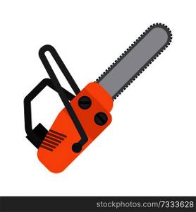Orange chainsaw flat vector icon isolated on white background. Hand tool with engine for cutting woods and construction materials. Industrial instrument illustration. Orange Chainsaw Flat Vector Icon