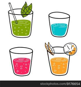 Orange, cherry juice.. Glass of fresh mojito drink. Thirst quenching and summer cocktail. Trendy outline cartoon. Orange, cherry juice.. Glass of fresh mojito drink