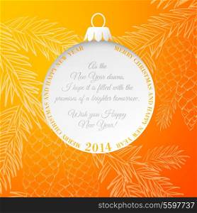 Orange christmas abstract background with fir and pinecone. Vector illustration.