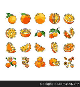 orange citrus fresh slice juice icons set vector. sweet food, leaf juicy, organic half, green, cut vitamin, healthy tropical, ripe orange citrus fresh slice juice color line illustrations. orange citrus fresh slice juice icons set vector