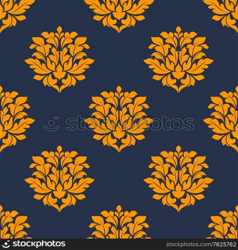 Orange colored decorative foliate and floral arabesque seamless patternon blue background suitable for wallpaper, tiles and fabric design
