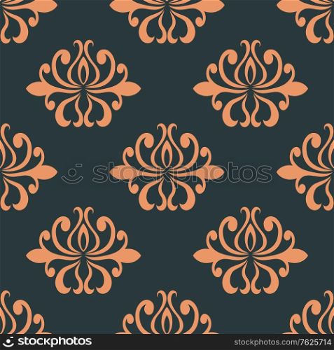 Orange colored floral abstract seamless pattern on indigo colored background in square format, suitable for wallpaper, tiles and fabric design