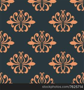 Orange colored floral abstract seamless pattern on indigo colored background in square format, suitable for wallpaper, tiles and fabric design