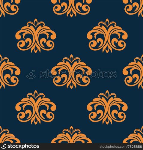 Orange colored floral arabesque orange colored seamless pattern in damask style motifs on indigo or dark blue background suitable for wallpaper and fabric design