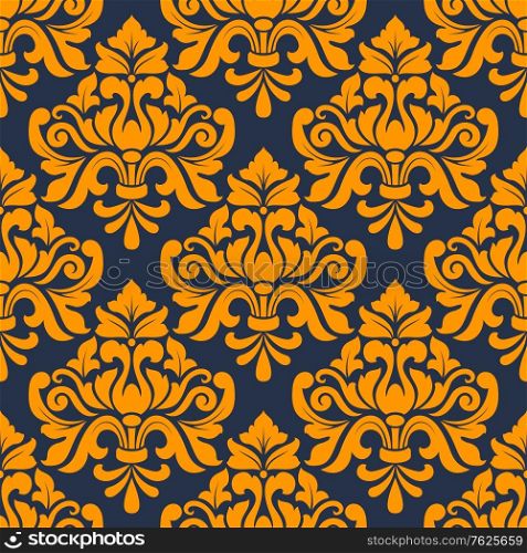 Orange colored floral arabesque seamless pattern in damask style motifs suitable for wallpaper, tiles and fabric design isolated over indigo colored background