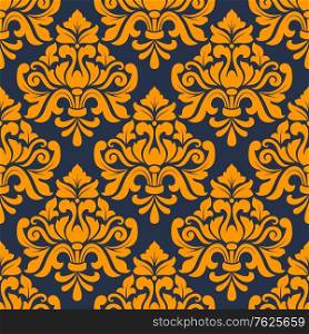 Orange colored floral arabesque seamless pattern in damask style motifs suitable for wallpaper, tiles and fabric design isolated over indigo colored background