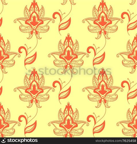 Orange colored Paisley seamless floral pattern in Persian style for wallpaper, tiles and fabric design isolated over yellow colored background in square format. Paisley seamless floral pattern