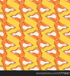 Orange contoured little pear fruits shapes seamless doodle pattern. Yellow bright background. Organic print. Perfect for fabric design, textile print, wrapping, cover. Vector illustration.. Orange contoured little pear fruits shapes seamless doodle pattern. Yellow bright background. Organic print.