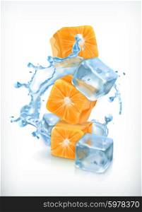 Orange cubes with ice and splashes, vector icon