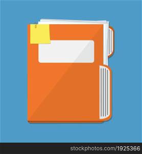Orange documents folder with paper sheets and sticky notes. Vector illustration in flat style. Orange documents folder