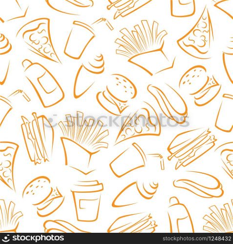 Orange fast food seamless pattern of sketched takeaway lunch menu with burgers, sandwiches, pizzas, french fries, drinks and ice cream cones on white background. Use as fast food menu, cafe interior, fabric design