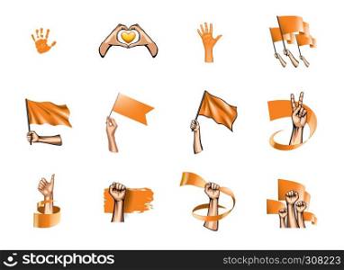 orange flag and hand on white background. Vector illustration.. orange flag and hand on white background. Vector illustration