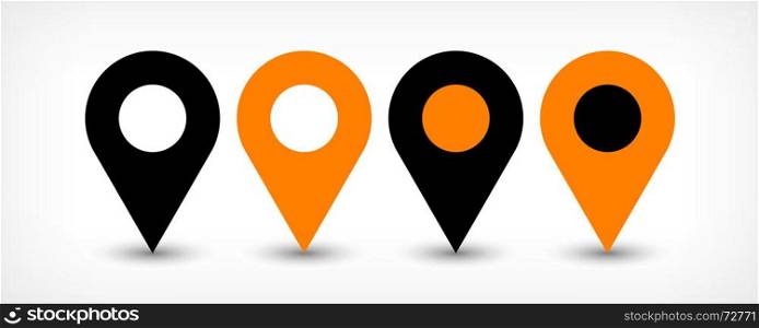 Orange flat map pin sign location icon with shadow. Map pin sign location icon with gray shadow in flat simple style. Four variants in two color black and orange rounded shapes isolated on white background. Vector illustration web design element 8 EPS