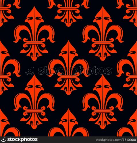 Orange fleur-de-lis decorative seamless pattern on dark blue background. Use as wallpaper, fabric ornament and interior decoration