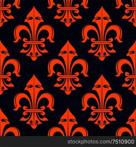 Orange fleur-de-lis decorative seamless pattern on dark blue background. Use as wallpaper, fabric ornament and interior decoration