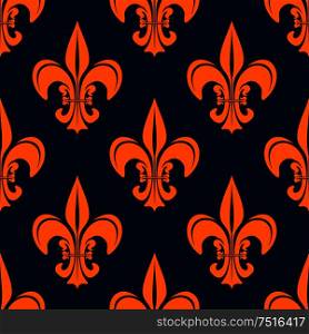 Orange fleur-de-lis floral seamless pattern for heraldic or interior design with vintage french lilies over dark blue background. Orange vintage fleur-de-lis seamless pattern