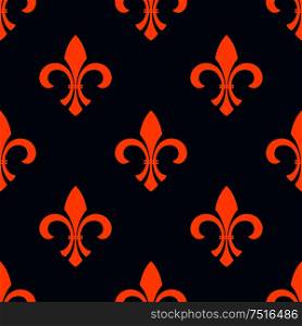 Orange fleur-de-lis floral seamless pattern of pointed buds with curved leaves on both sides, arranged into iris flowers ornament over blue background. Vintage interior or heraldic theme design. Seamless orange fleur-de-lis floral pattern