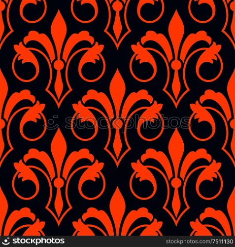 Orange fleur-de-lis seamless pattern of stylized victorian lily flowers with petals and swirling leaves over dark blue background. Royal heraldry backdrop, interior and textile design usage. Fleur-de-lis seamless pattern with orange lilies