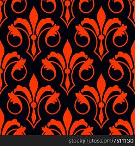 Orange fleur-de-lis seamless pattern of stylized victorian lily flowers with petals and swirling leaves over dark blue background. Royal heraldry backdrop, interior and textile design usage. Fleur-de-lis seamless pattern with orange lilies