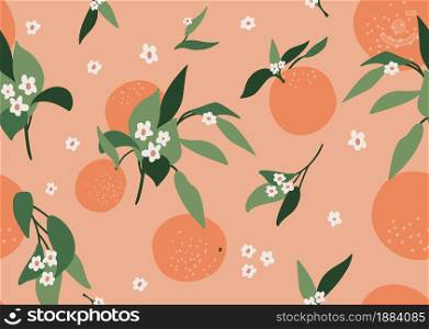 Orange floral seamless pattern. Abstract branches of orange, leaves and color orange background. Modern exotic designs for paper, cover, fabric, interior decor and other users. Orange floral seamless pattern. Abstract branches of orange, leaves and color orange background. Modern exotic designs for paper, cover, fabric, interior decor and other users.