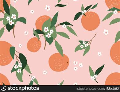 Orange floral seamless pattern. Abstract branches of orange, leaves and color pink background. Modern exotic designs for paper, cover, fabric, interior decor and other users. Orange floral seamless pattern. Abstract branches of orange, leaves and color pink background. Modern exotic designs for paper, cover, fabric, interior decor and other users.