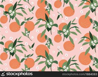 Orange floral seamless pattern. Abstract branches of orange, leaves and color pink background. Modern exotic designs for paper, cover, fabric, interior decor and other users. Orange floral seamless pattern. Abstract branches of orange, leaves and color pink background. Modern exotic designs for paper, cover, fabric, interior decor and other users.
