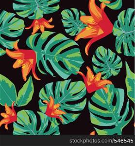 Orange flowers and green leaves seamless vector pattern black background