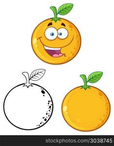 Orange Fresh Fruit With Green Leaf Cartoon Drawing 3. Set Vector Collection Isolated On White Background