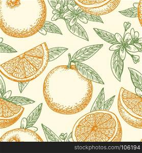Orange fruit and flowers pattern. Orange fruit hand drawn pattern. Yellow oranges, green leaves and flowers seamless background pattern vector drawing