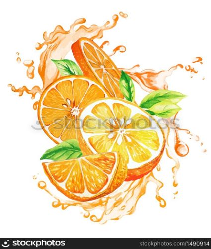 Orange fruit and leaves in the splash of orange juice, hand drawn vector watercolor illustration