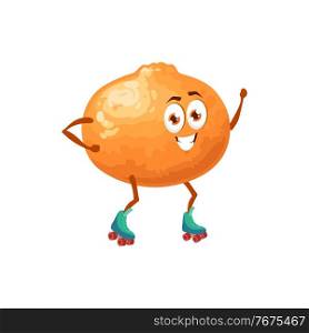 Orange fruit cartoon character riding on roller skates or blades, vector flat. Orange with face and smile, funny kids cartoon fruits in healthy life, juice vitamins and sport or fitness activity. Orange fruit ride roller skates, cartoon character