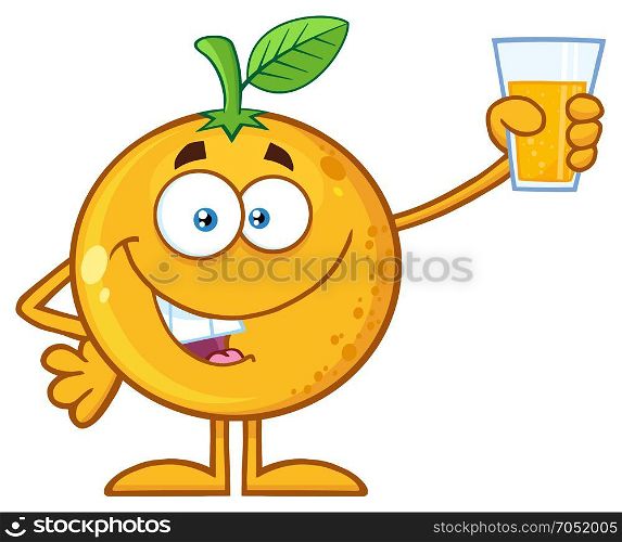 Orange Fruit Cartoon Mascot Character Presenting And Holding Up A Glass Of Juice. Illustration Isolated On White Background