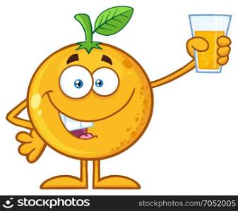 Orange Fruit Cartoon Mascot Character Presenting And Holding Up A Glass Of Juice. Illustration Isolated On White Background