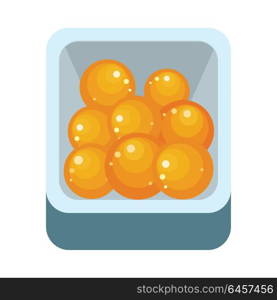 Orange Fruit in Plastic Box. Pile of ripe orange in plastic box. Juicy fresh orange. Tropical fruit. Orange fruit icon. Healthy food element. Orange icon in flat. Isolated vector illustration on white background.