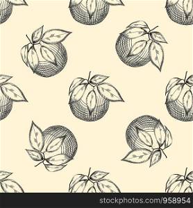Orange fruit sketch seamless patter. Exotic tropical fruit. Engraving style. Design for fabric, textile print, wrapping paper. Vector illustration. Orange fruit sketch seamless patter. Exotic tropical fruit.