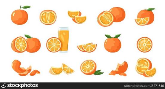 Orange fruit. Tropical tangerine and clementine slices, healthy whole mandarin and tangerine pieces and skin cartoon flat collection. Vector isolated set of tangerine fruit clementine illustration. Orange fruit. Tropical tangerine and clementine slices, healthy whole mandarin and tangerine pieces and skin cartoon flat collection. Vector isolated set