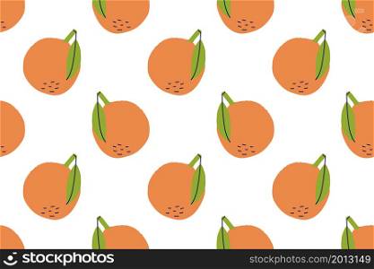 Orange fruit with leaf. Seamless pattern. Hand drawn vector illustration. Sweet citrus exotic food.