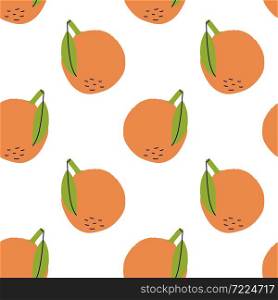 Orange fruit with leaf. Seamless pattern. Hand drawn vector illustration. Sweet citrus exotic food.