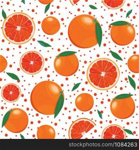 Orange fruits and slice seamless pattern with sparkling on white background. Grapefruit citrus fruit vector illustration.
